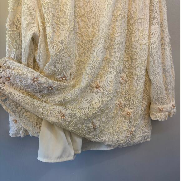 John Mark Lace Pearl Beaded Embroidered Ruffle Collar Top XLarge Cream Coastal - Picture 3 of 9
